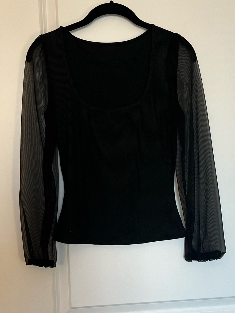 Black Scoop Neck Top with Sheer Long Sleeves